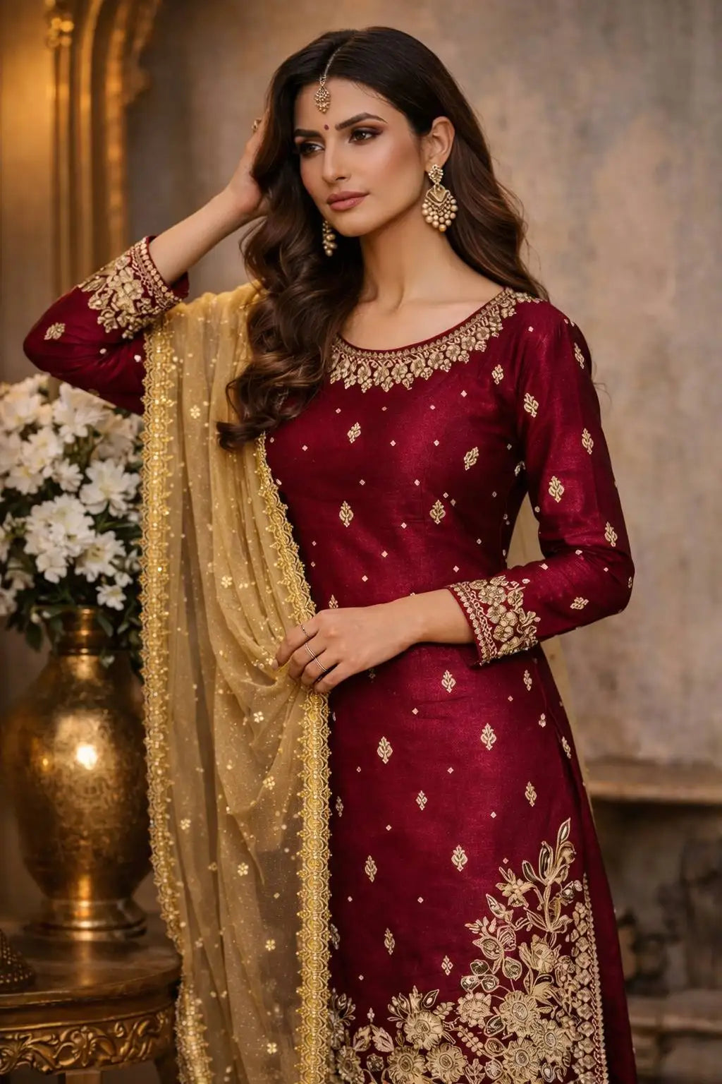 Women's JC Silk Embroidered Pearl Work Palazzo Suit Set FZ-PR-48