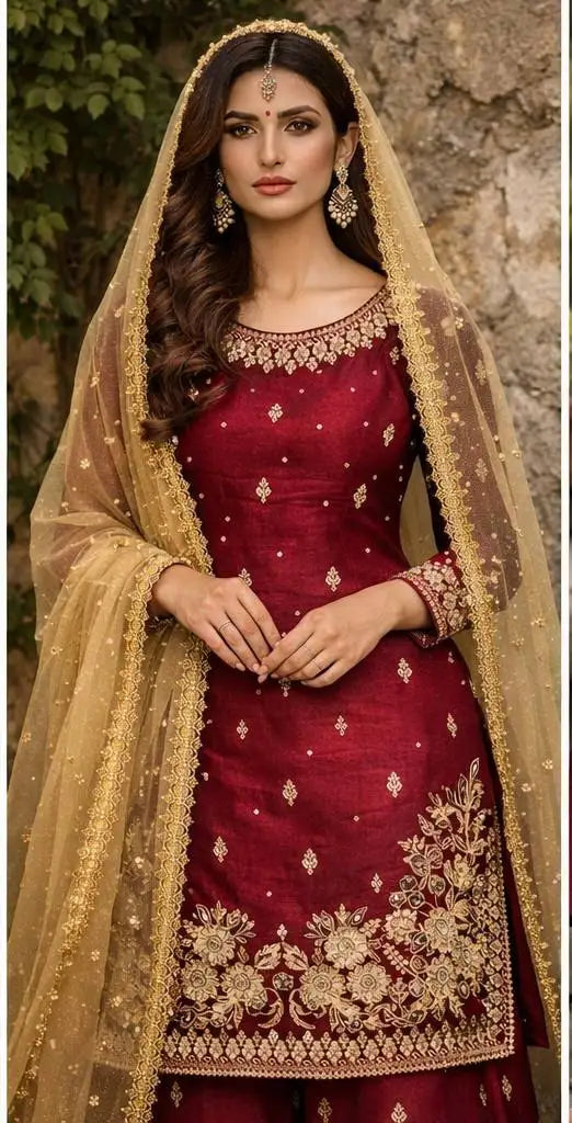 Women's JC Silk Embroidered Pearl Work Palazzo Suit Set FZ-PR-48