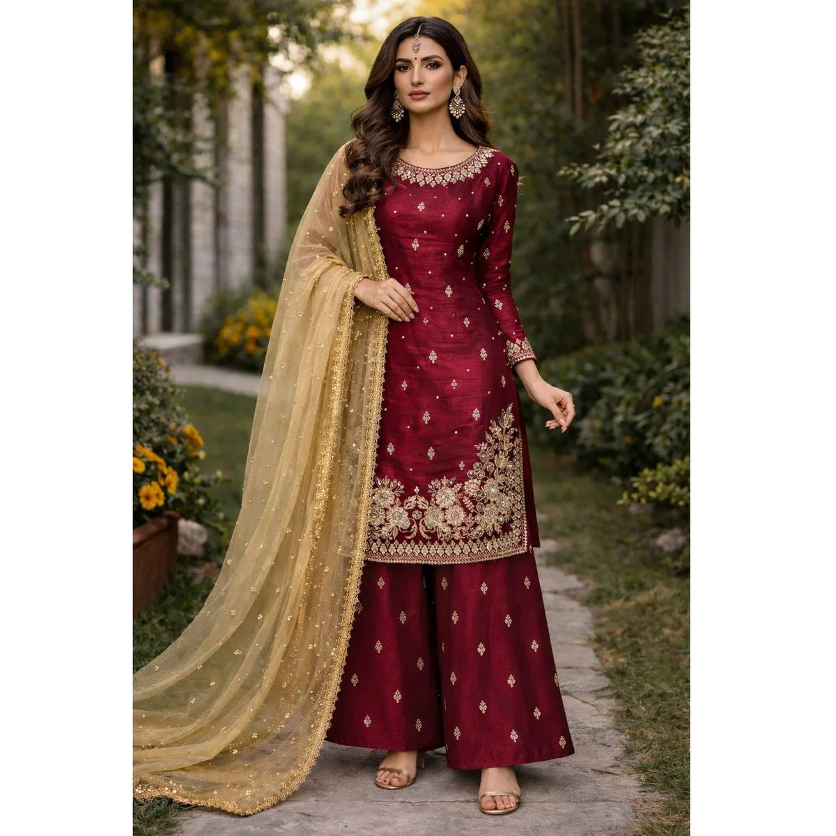 Women's JC Silk Embroidered Pearl Work Palazzo Suit Set FZ-PR-48