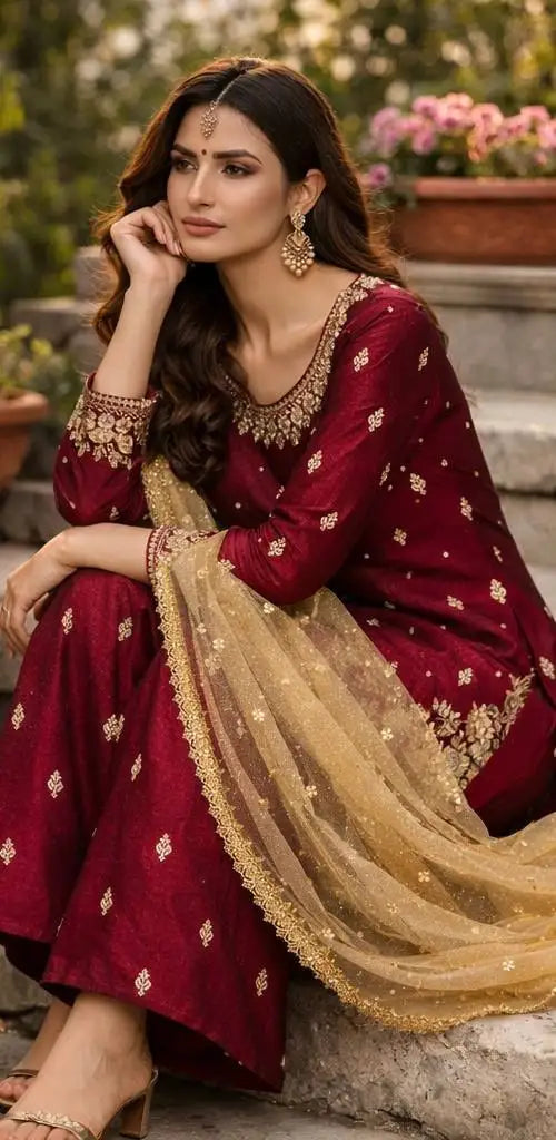 Women's JC Silk Embroidered Pearl Work Palazzo Suit Set FZ-PR-48