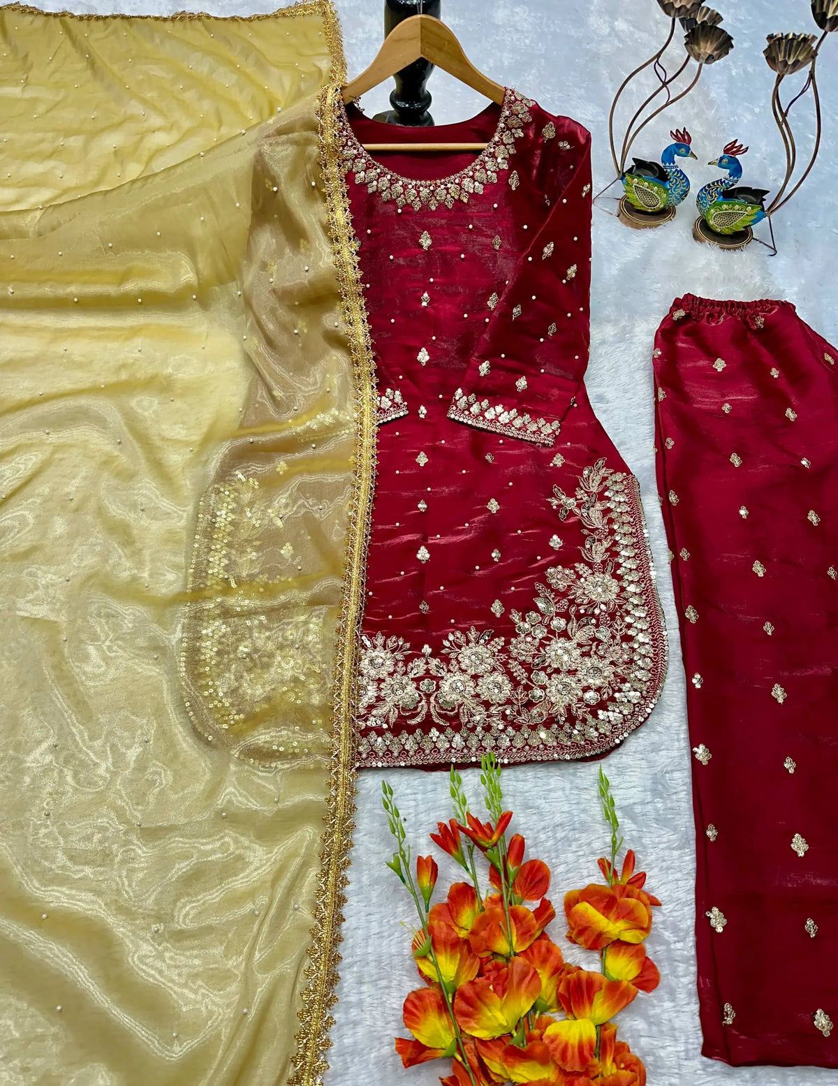 Women's JC Silk Embroidered Pearl Work Palazzo Suit Set FZ-PR-48