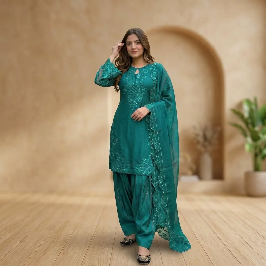 Women's Heavy Embroidered 3-Piece Palazzo Suit Set FZ-PR-10