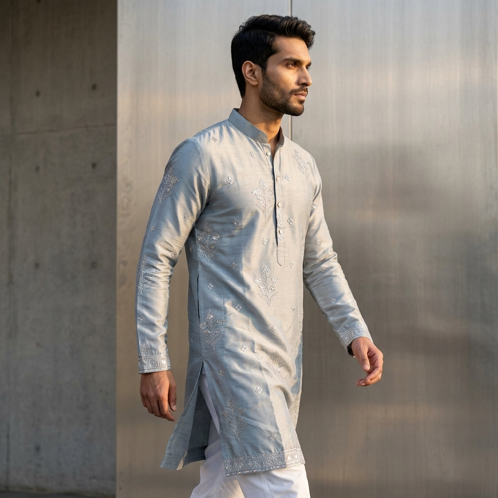 Men's Embroidered Earth Silk Kurta Churidar Set FZ-PR-22