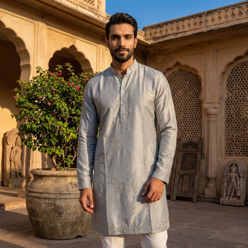 Men's Embroidered Earth Silk Kurta Churidar Set FZ-PR-22
