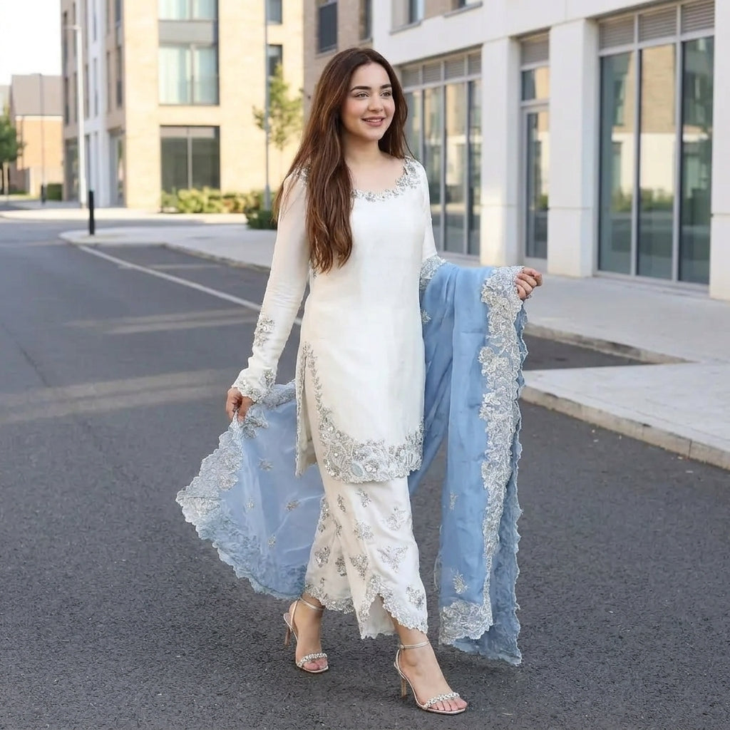 Women's White Roman Glass Floral Embroidered Top Palazzo Set FZ-PR-58