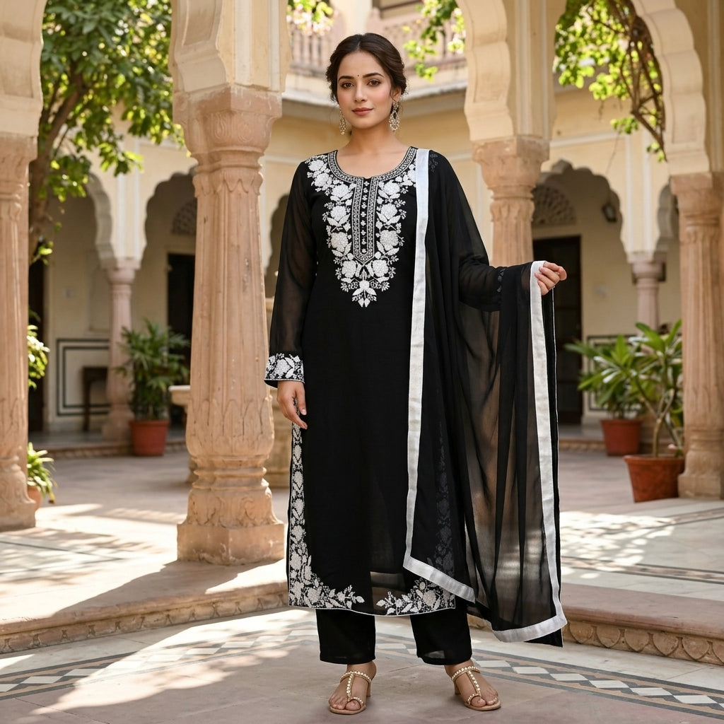 Women's Black Embroidered Georgette Kurta Set FZ-PR-31