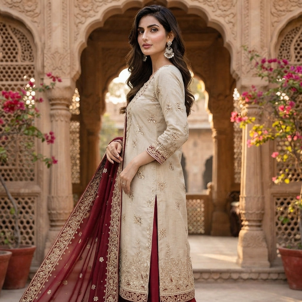 Heavy Embroidered JC Silk Palazzo Suit Set FZ-PR-05