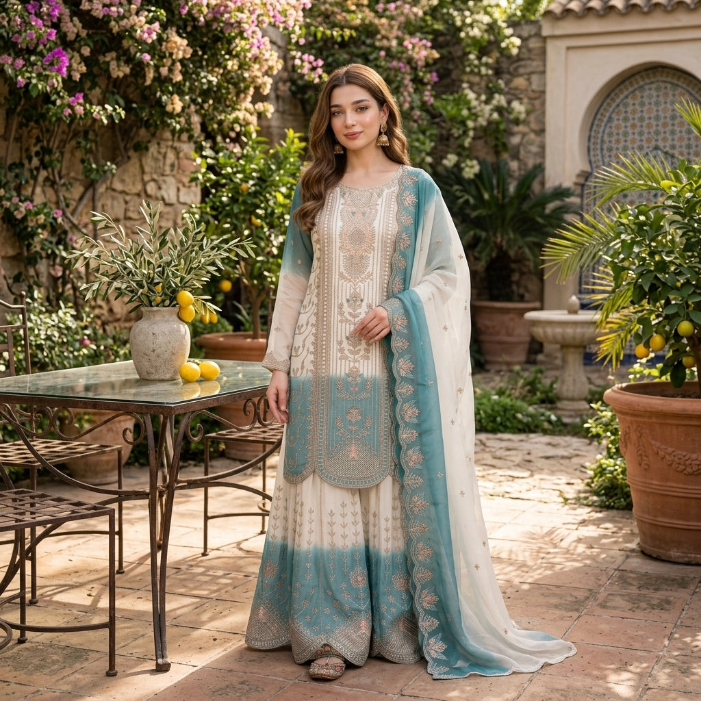 Embroidered Dual-Tone Georgette Palazzo Suit Set FZ-PR-04