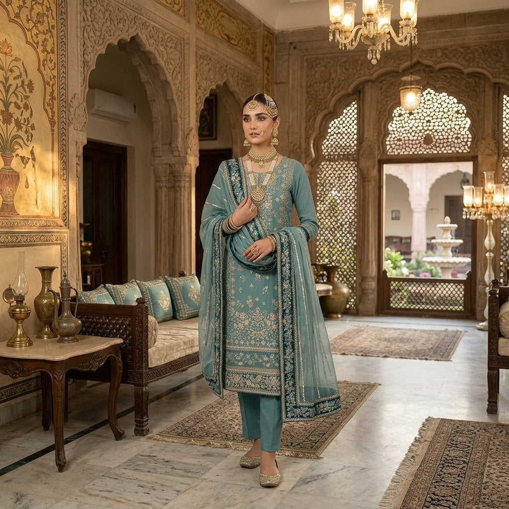 Heavy Embroidered Fox Georgette Three-Piece Party Wear Suit FZ-PR-03