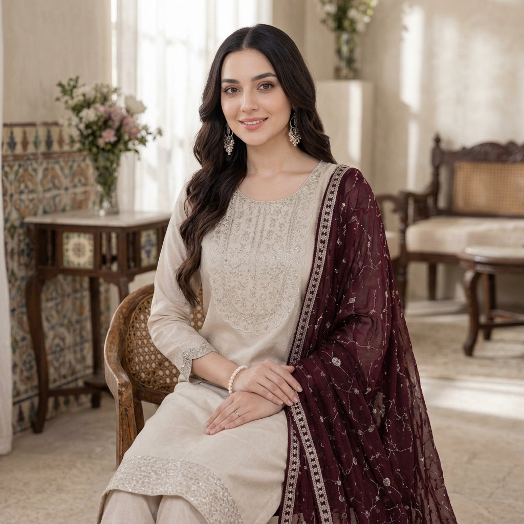 Women's CP Vichitra Silk Embroidered Kurti Set FZ-PR-37