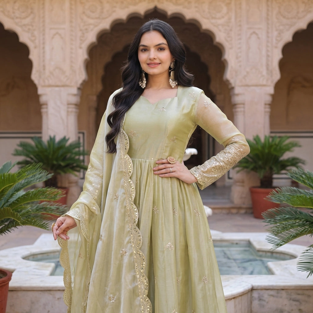 Women's Embroidered Fendy Silk Anarkali Gown Set FZ-PR-35