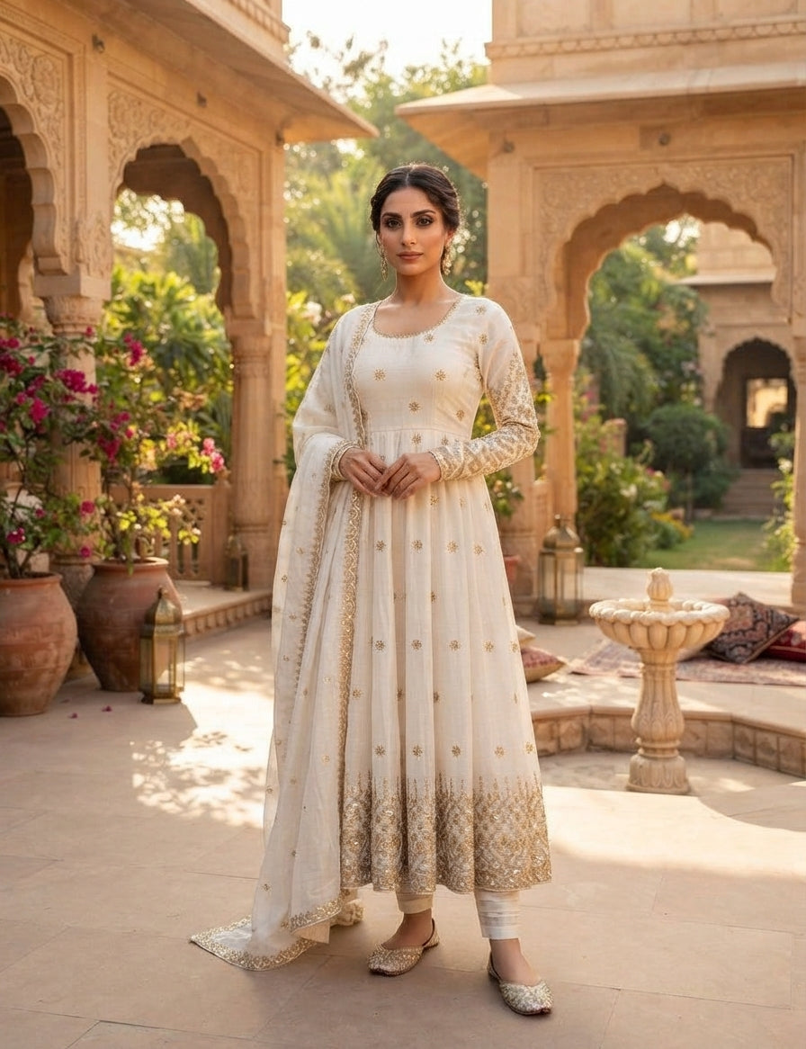 Women's Embroidered Vichitra Silk Anarkali Gown Set FZ-PR-34