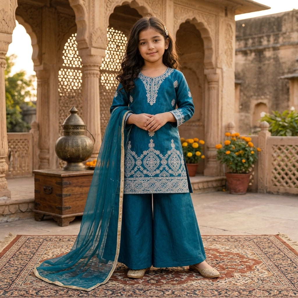 Girls' Embroidered Fendy Silk Kurta Palazzo Dupatta Set FZ-PR-23
