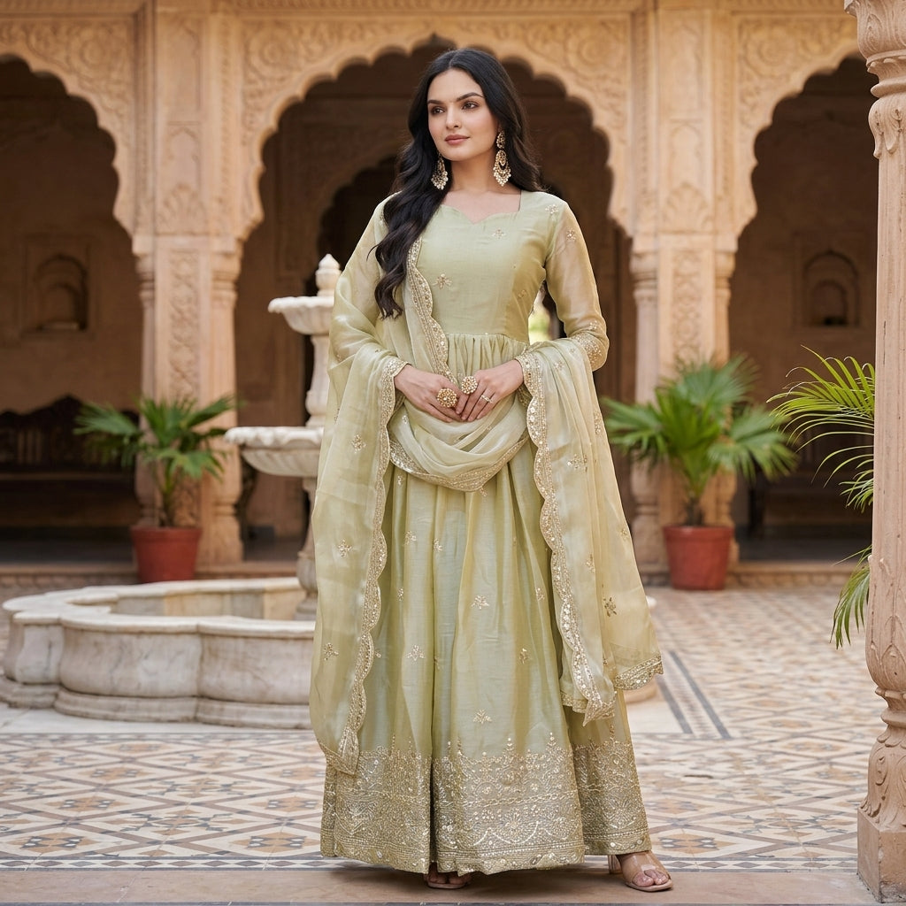 Women's Embroidered Fendy Silk Anarkali Gown Set FZ-PR-35