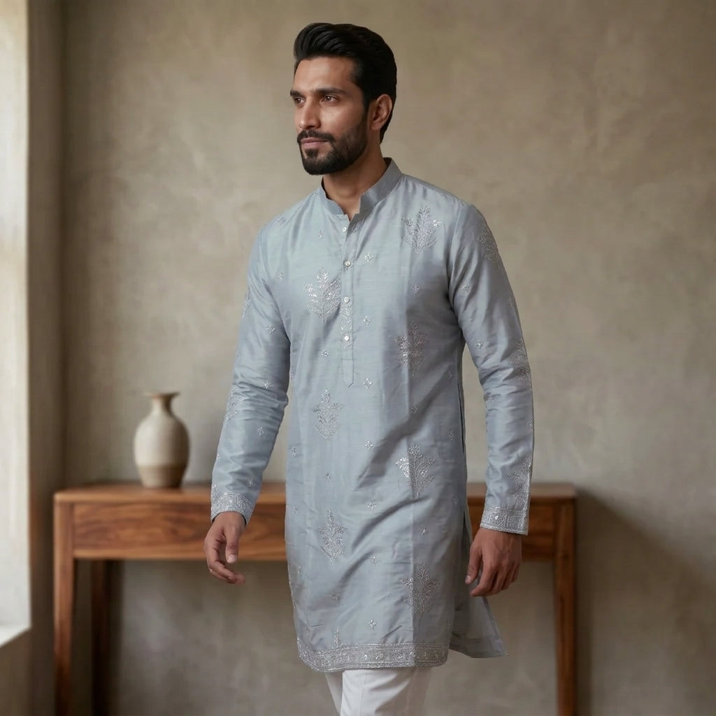 Men's Embroidered Earth Silk Kurta Churidar Set FZ-PR-22