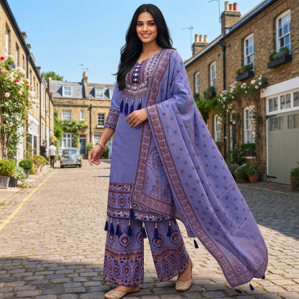 Women's Maslin Digital Print Mirror Work Kurta Palazzo Set FZ-PR-47