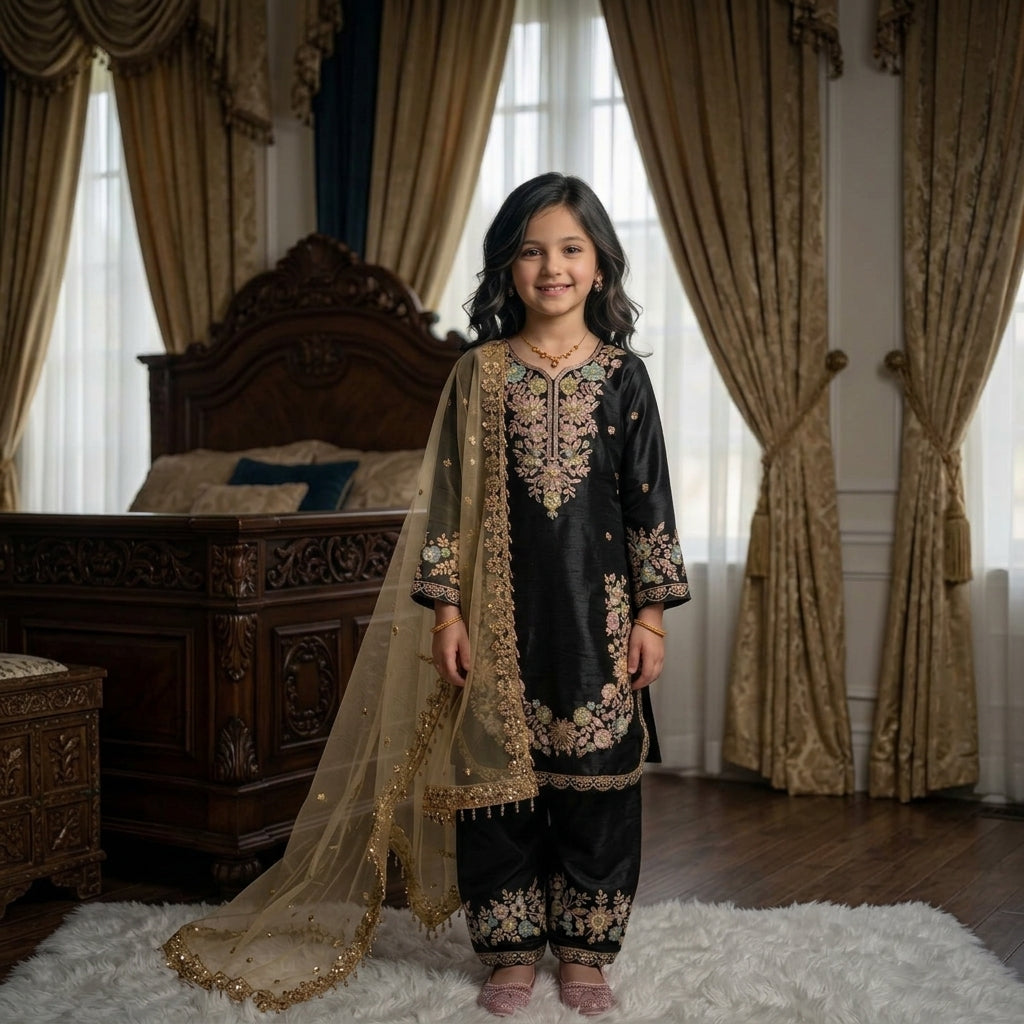 Girls’ Embroidered GMY Silk Salwar Kameez Set with Dupatta FZ-PR-09