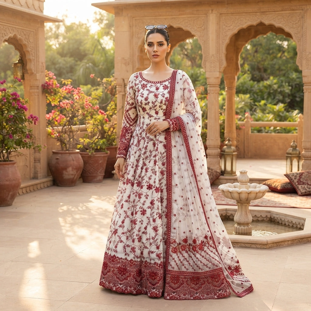Women's Embroidered Faux Georgette Anarkali Gown Set FZ-PR-33