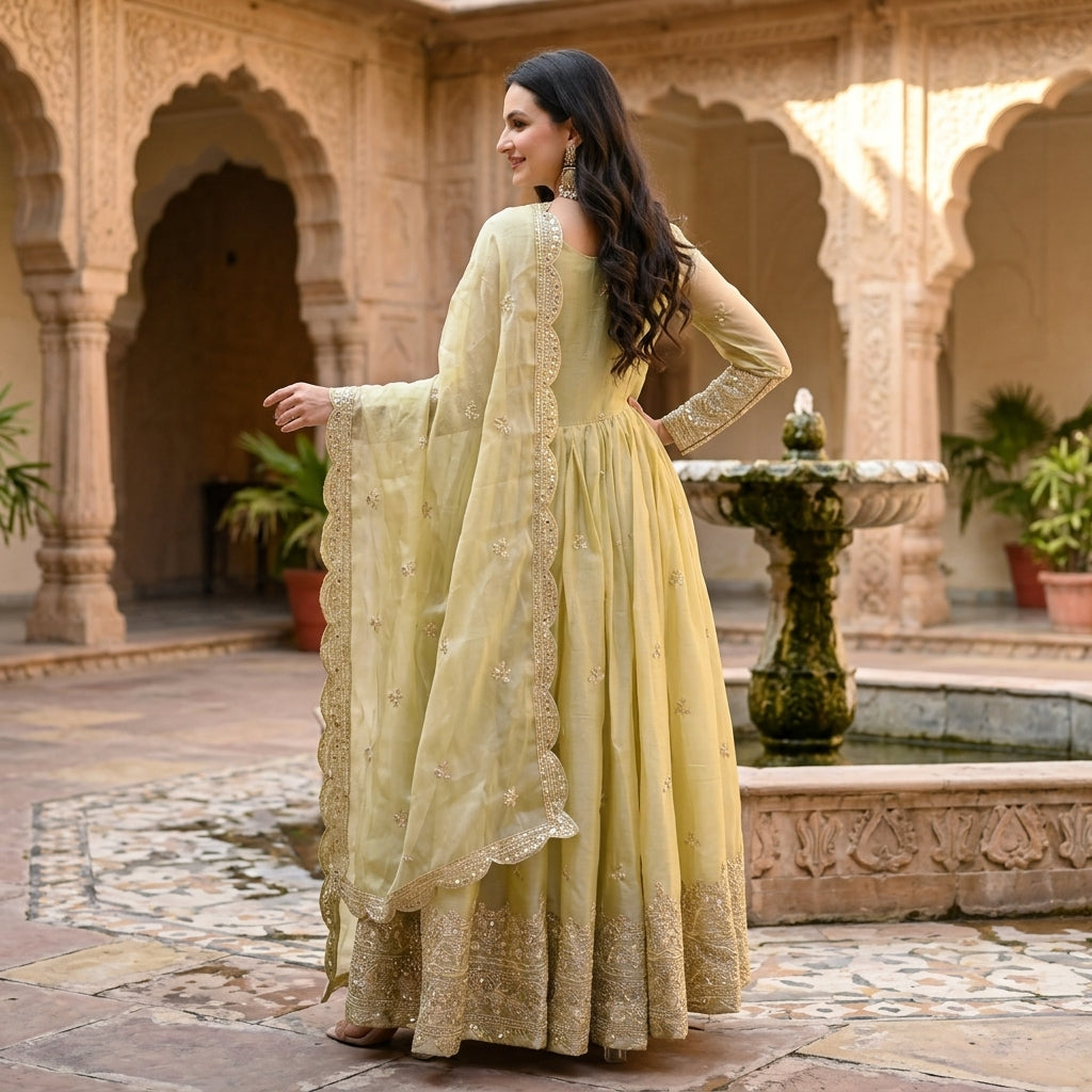 Women's Embroidered Fendy Silk Anarkali Gown Set FZ-PR-35