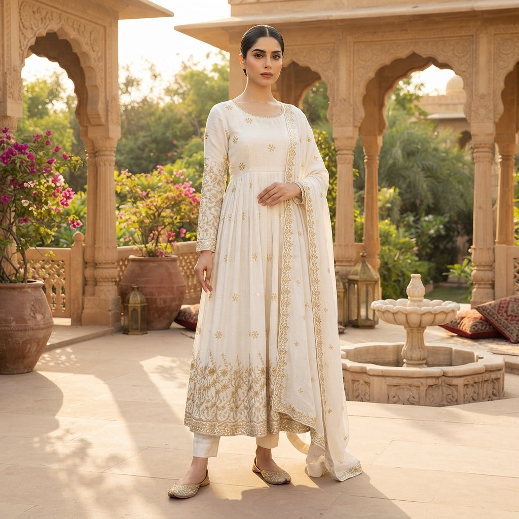 Women's Embroidered Vichitra Silk Anarkali Gown Set FZ-PR-34