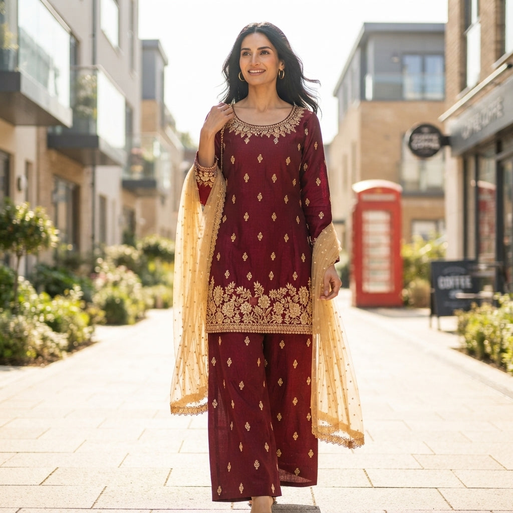 Women's JC Silk Embroidered Pearl Work Palazzo Suit Set FZ-PR-48
