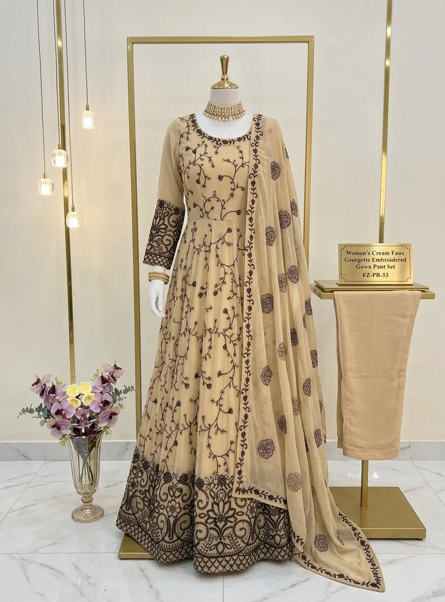 Women's Beige Faux Georgette Embroidered Gown Pant Set FZ-PR-53