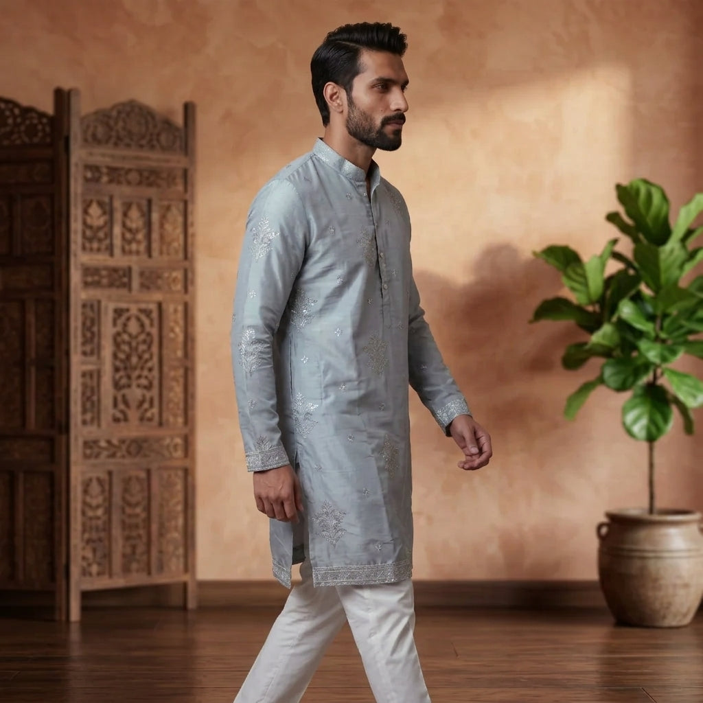 Men's Embroidered Earth Silk Kurta Churidar Set FZ-PR-22
