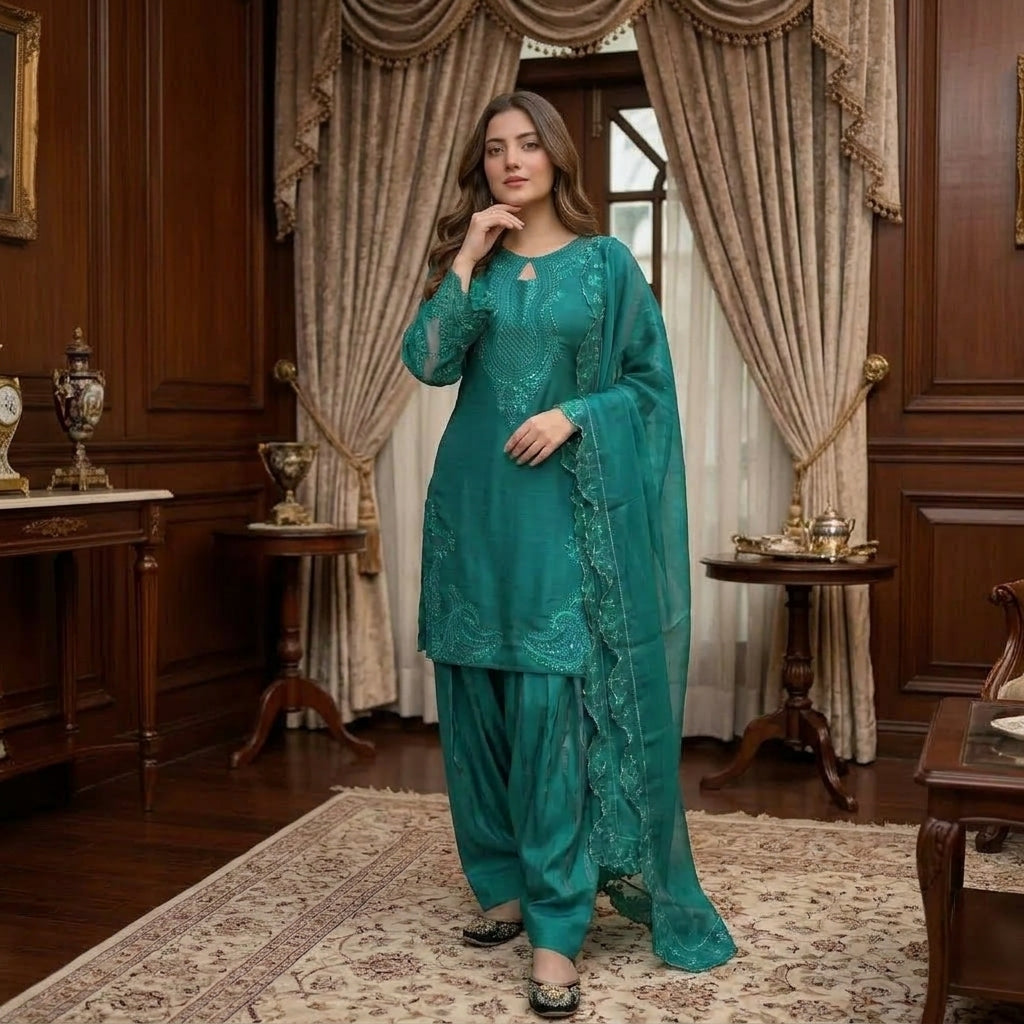 Women's Heavy Embroidered 3-Piece Palazzo Suit Set FZ-PR-10