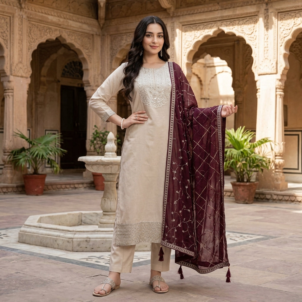 Women's CP Vichitra Silk Embroidered Kurti Set FZ-PR-37