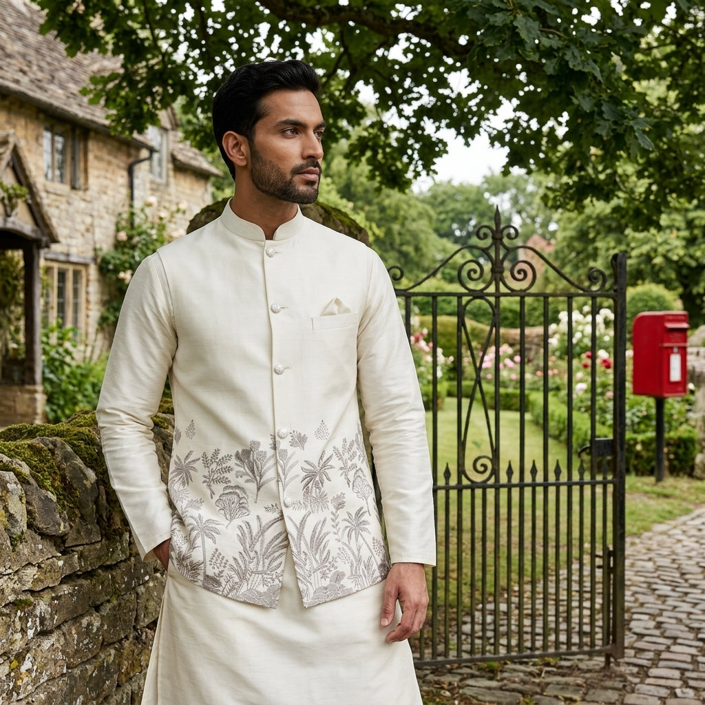 Men's Embroidered Silk Koti Kurta Pant Set FZ-PR-20