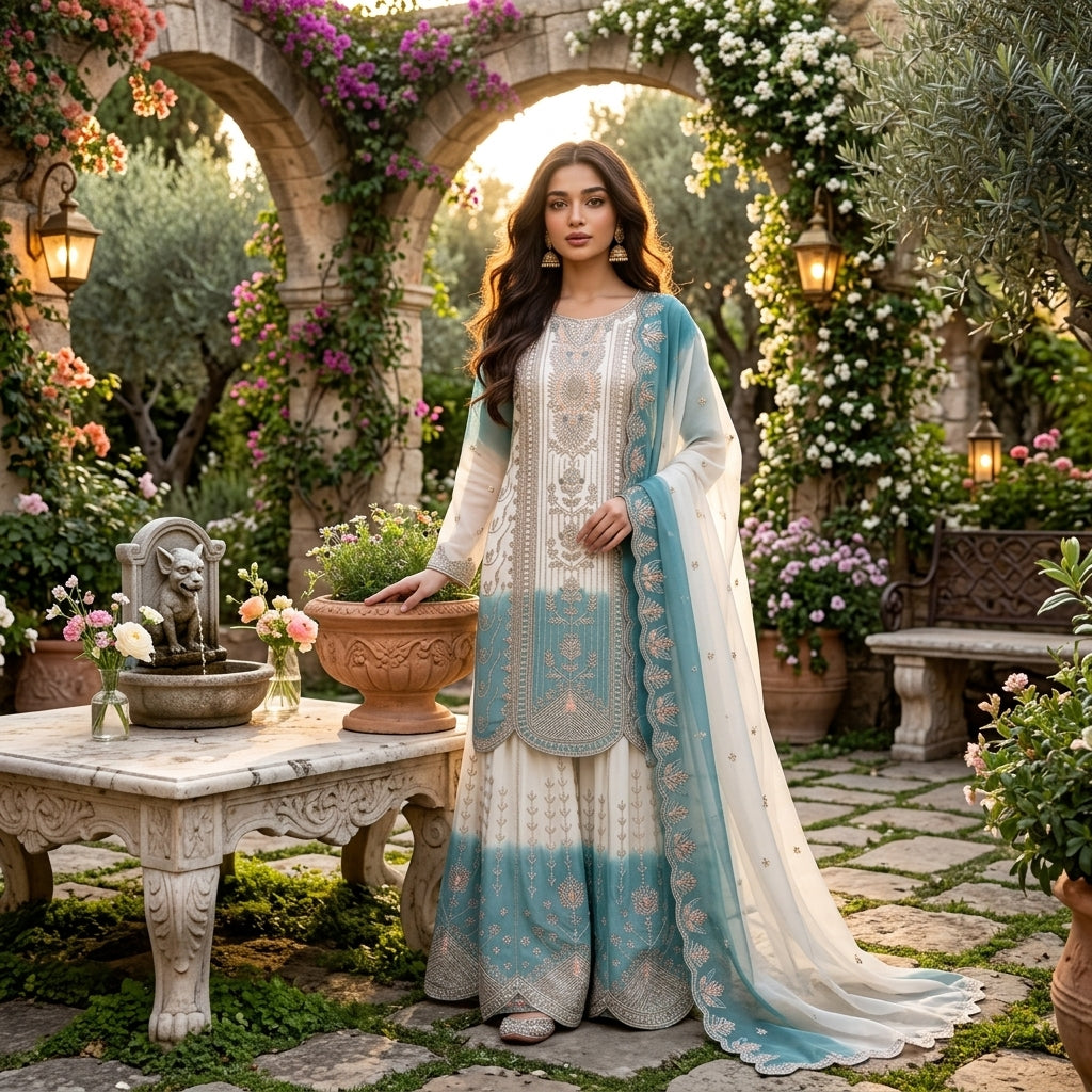 Embroidered Dual-Tone Georgette Palazzo Suit Set FZ-PR-04