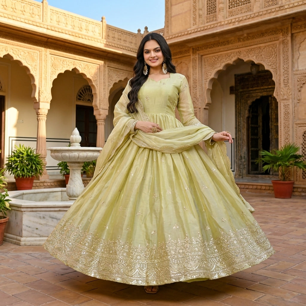 Women's Embroidered Fendy Silk Anarkali Gown Set FZ-PR-35