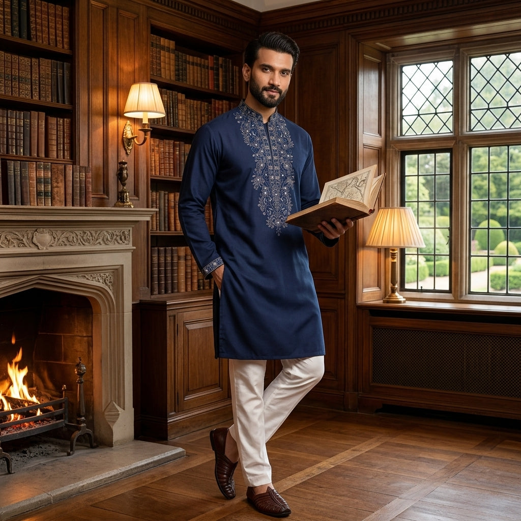 Men's Embroidered Star Silk Kurta Pyjama Set FZ-PR-19