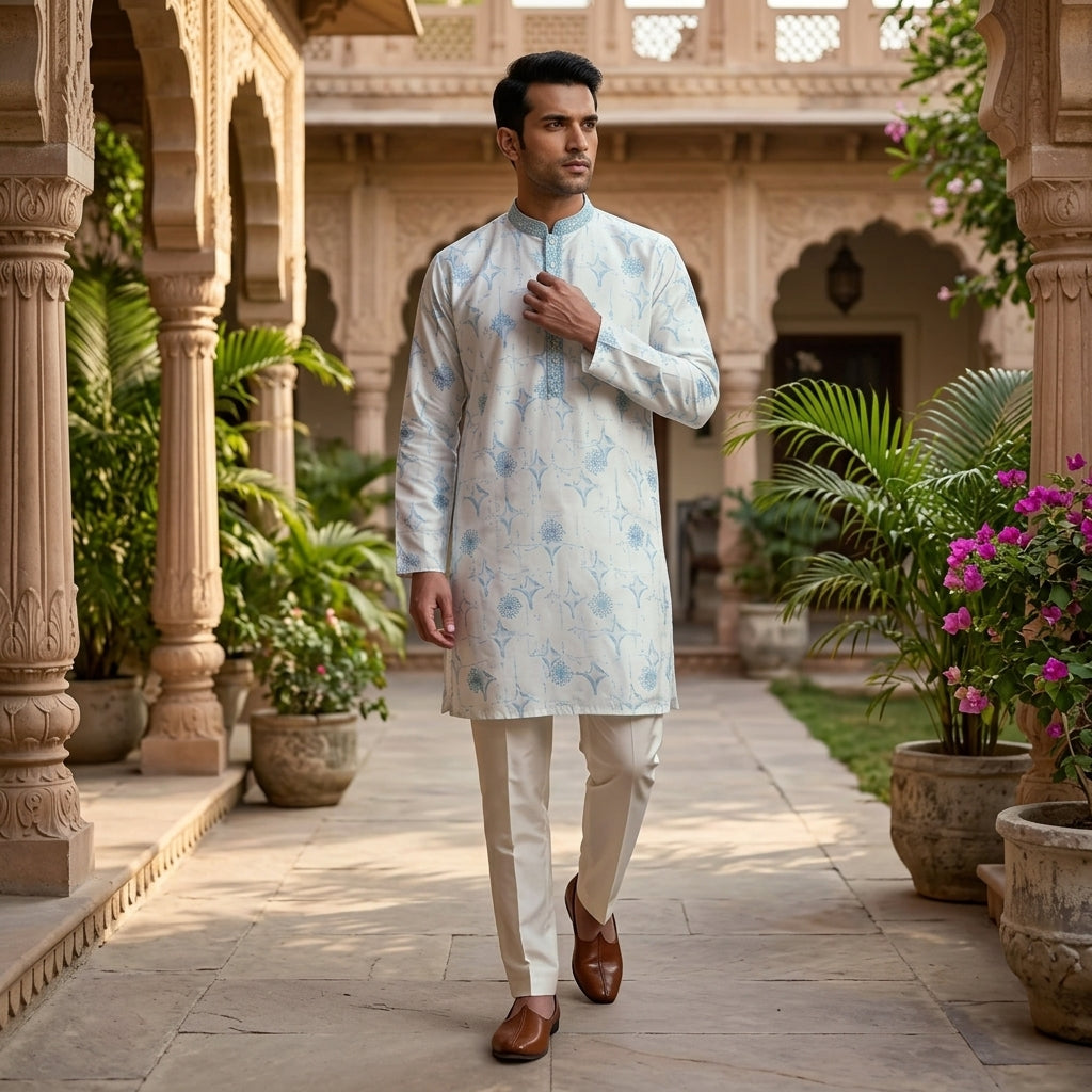 Men's Printed Star Silk Kurta Pyjama Set FZ-PR-17
