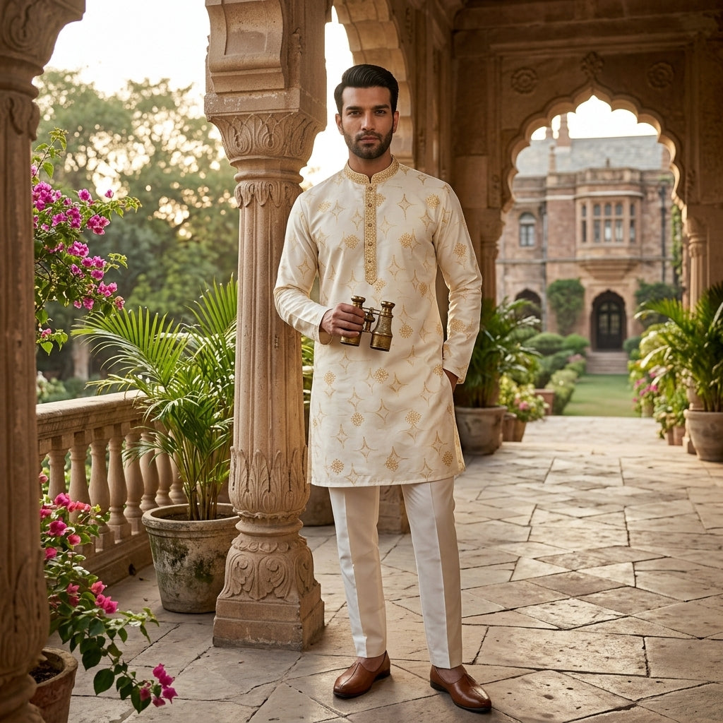 Men's Embroidered Star Silk Kurta Pyjama Set FZ-PR-18