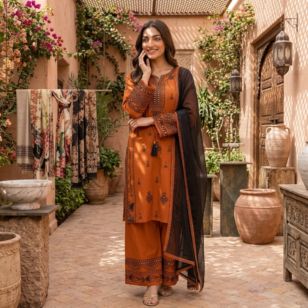 Women's Embroidered Rayon Kurta Set with Mirror Work & Palazzo FZ-PR-14
