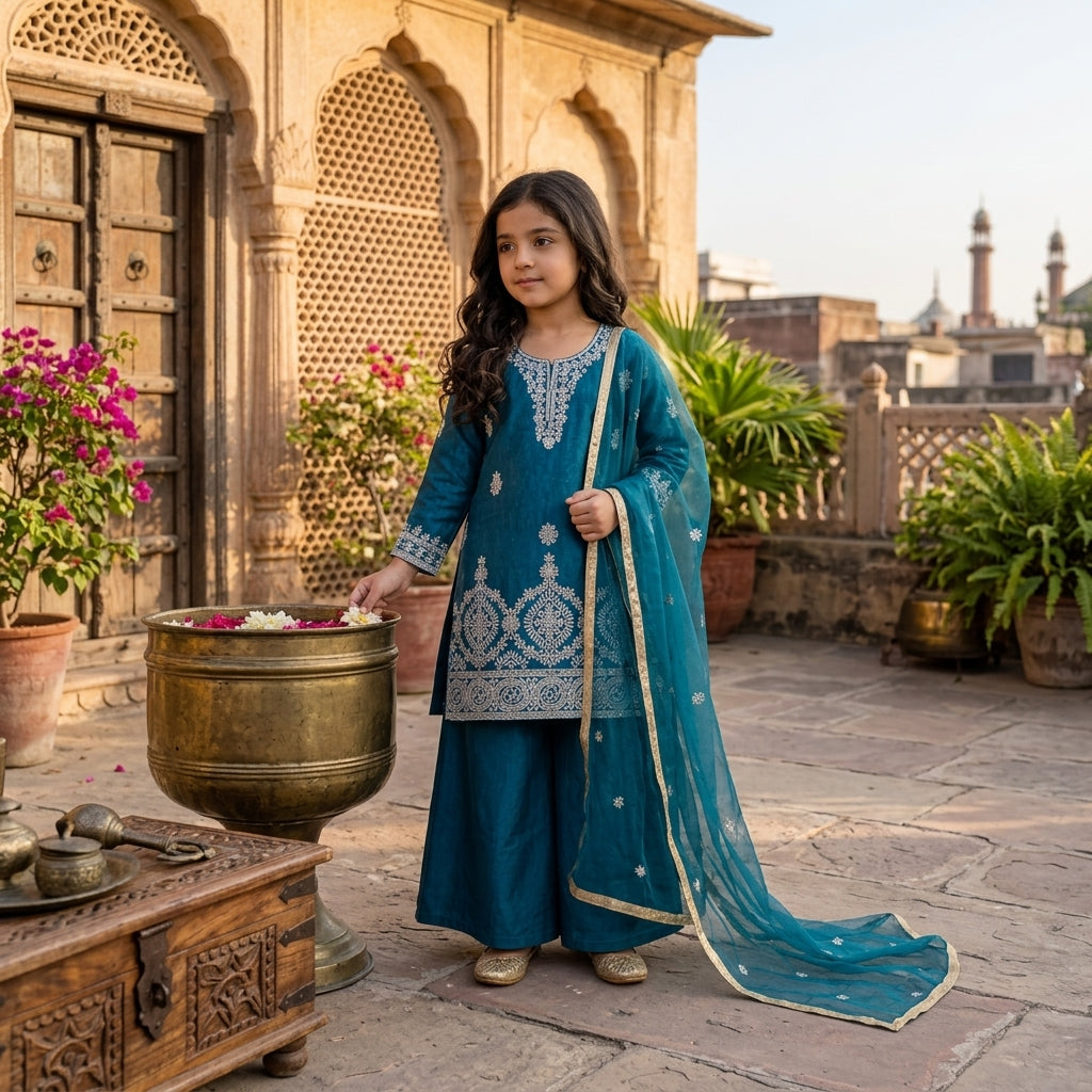 Girls' Embroidered Fendy Silk Kurta Palazzo Dupatta Set FZ-PR-23
