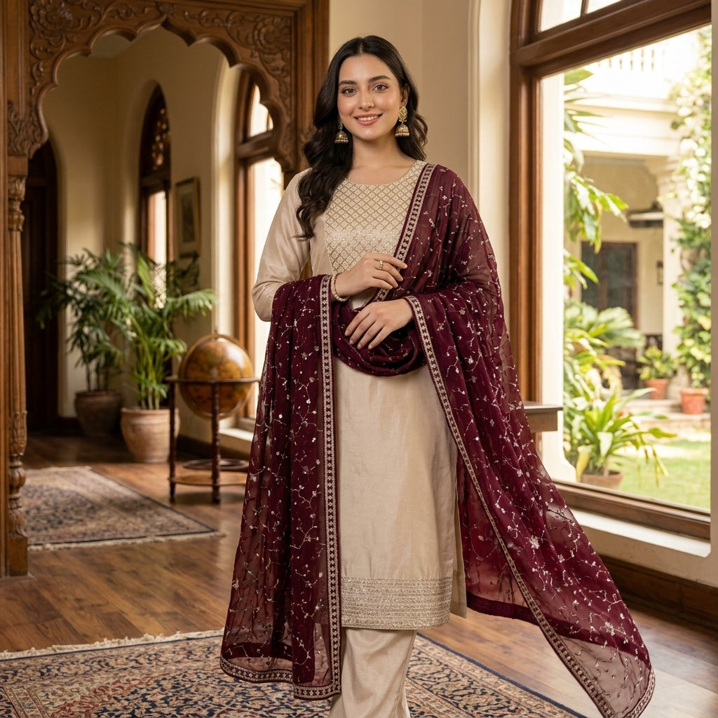 Women's CP Vichitra Silk Embroidered Kurti Set FZ-PR-37