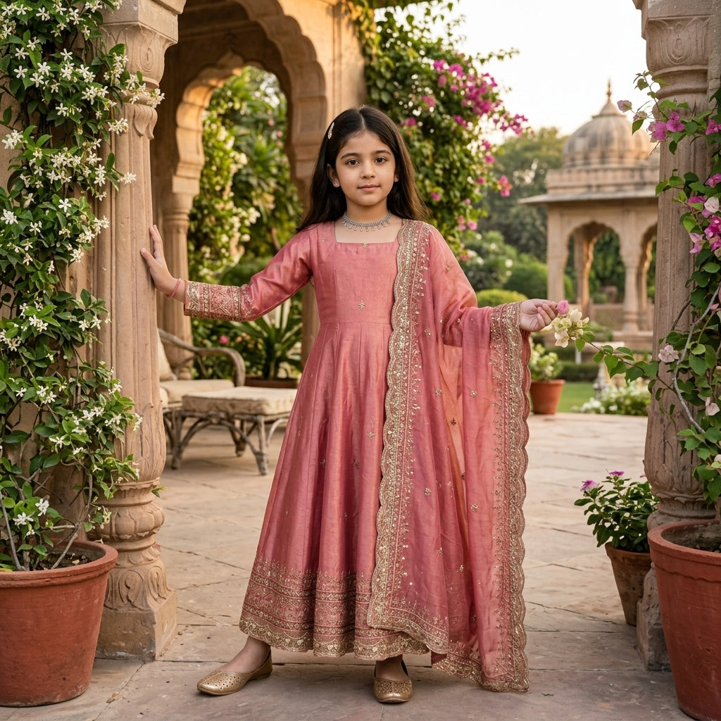 Girls' Embroidered Fendy Silk Anarkali Gown Set FZ-PR-24