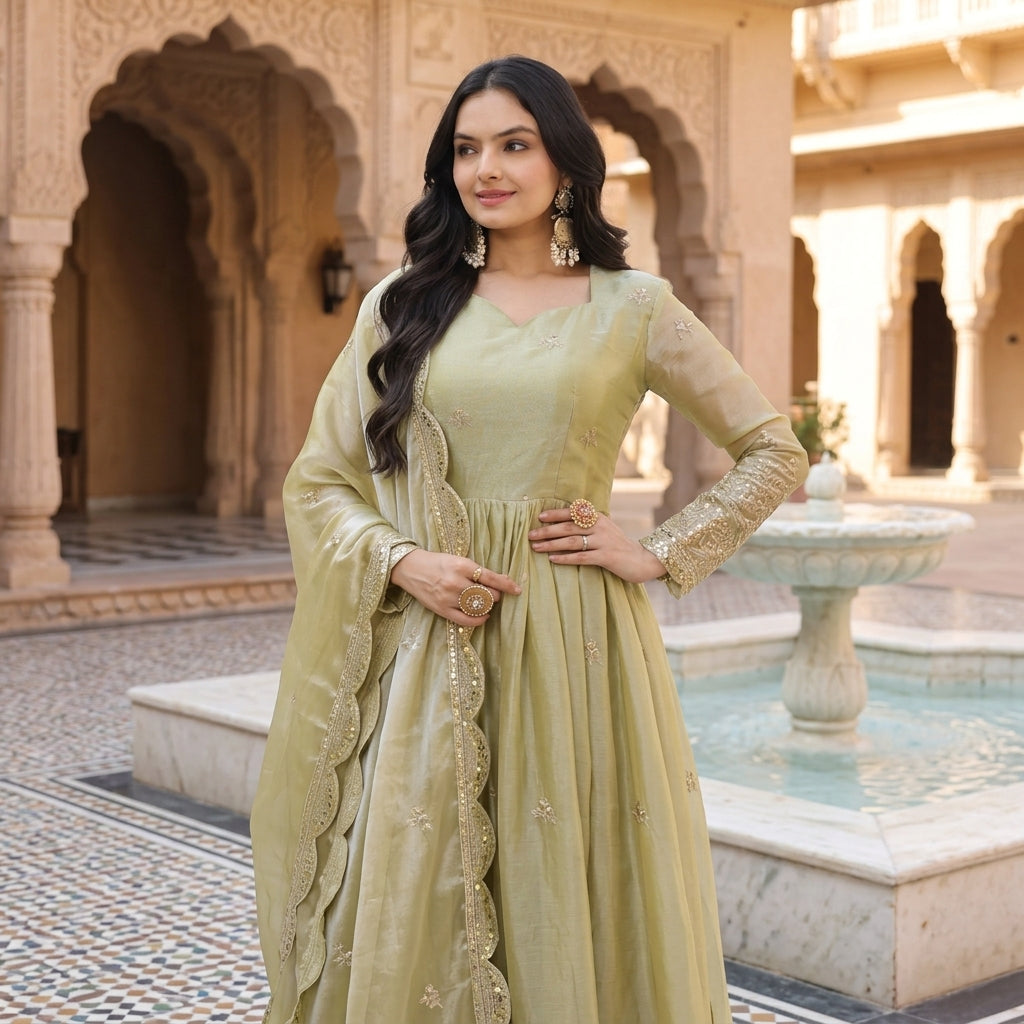 Women's Embroidered Fendy Silk Anarkali Gown Set FZ-PR-35
