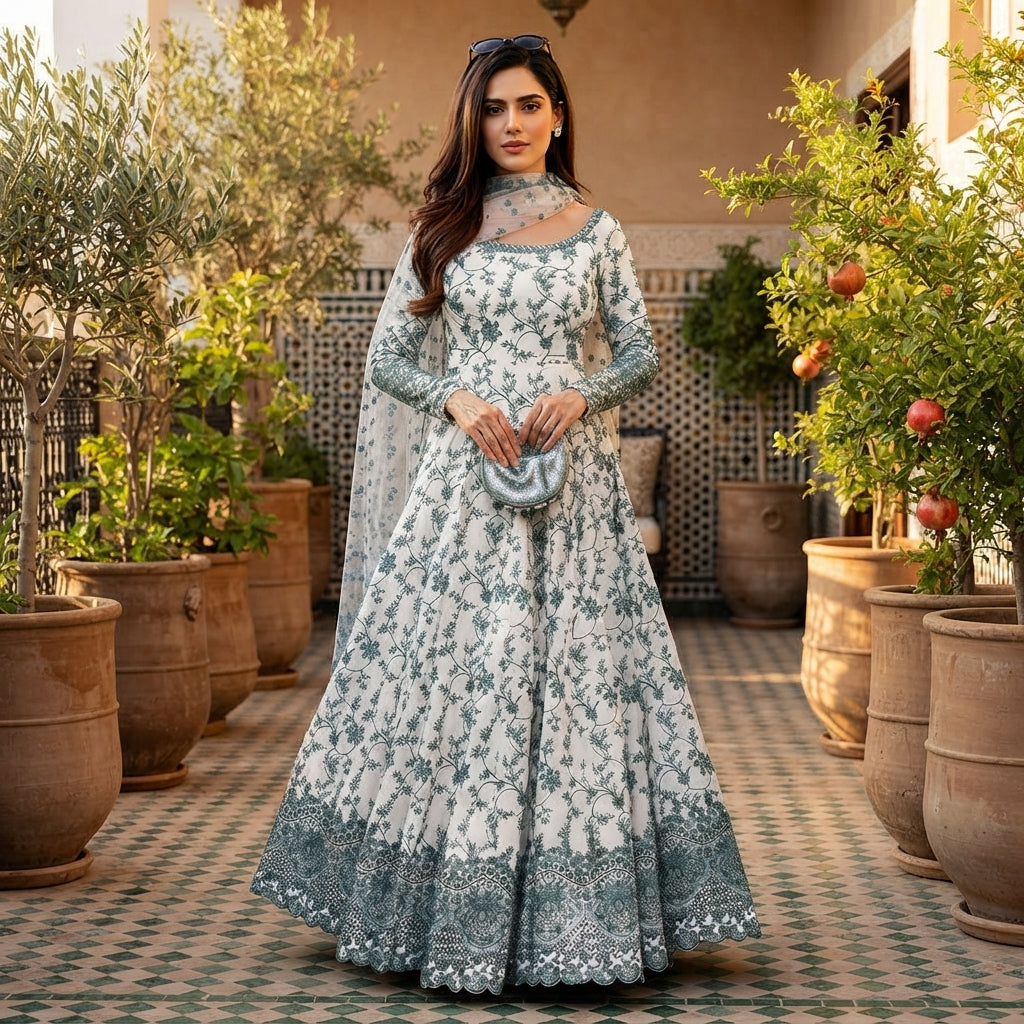 Women's Embroidered Faux Georgette Anarkali Gown Set FZ-PR-33