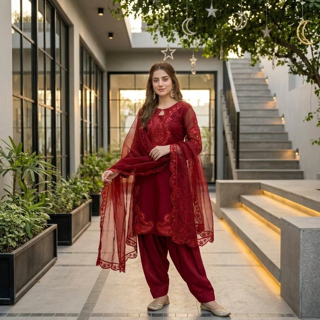 Women's Heavy Embroidered 3-Piece Palazzo Suit Set FZ-PR-10