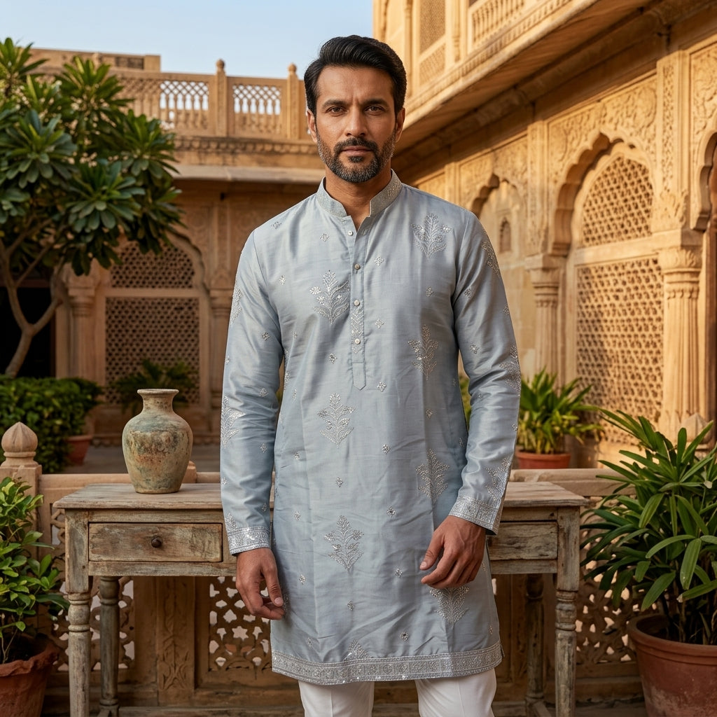 Men's Embroidered Earth Silk Kurta Churidar Set FZ-PR-22