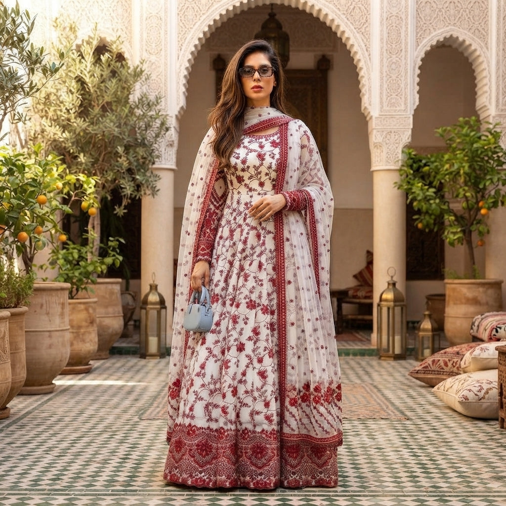 Women's Embroidered Faux Georgette Anarkali Gown Set FZ-PR-33