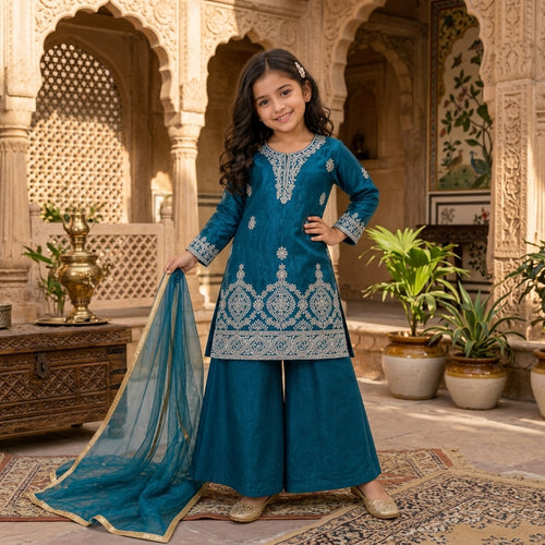 Girls' Embroidered Fendy Silk Kurta Palazzo Dupatta Set FZ-PR-23