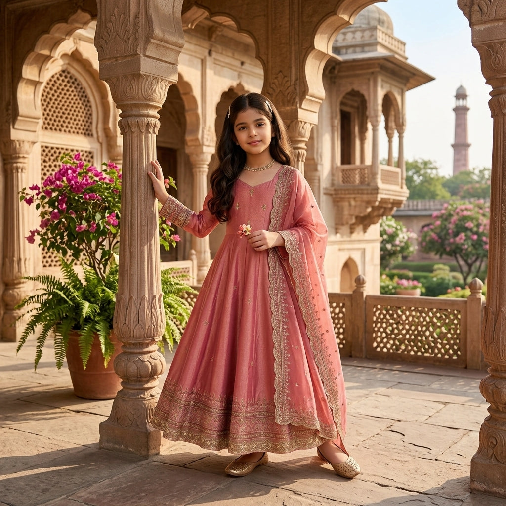 Girls' Embroidered Fendy Silk Anarkali Gown Set FZ-PR-24