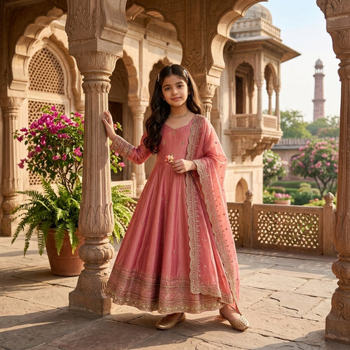 Girls' Embroidered Fendy Silk Anarkali Gown Set FZ-PR-24