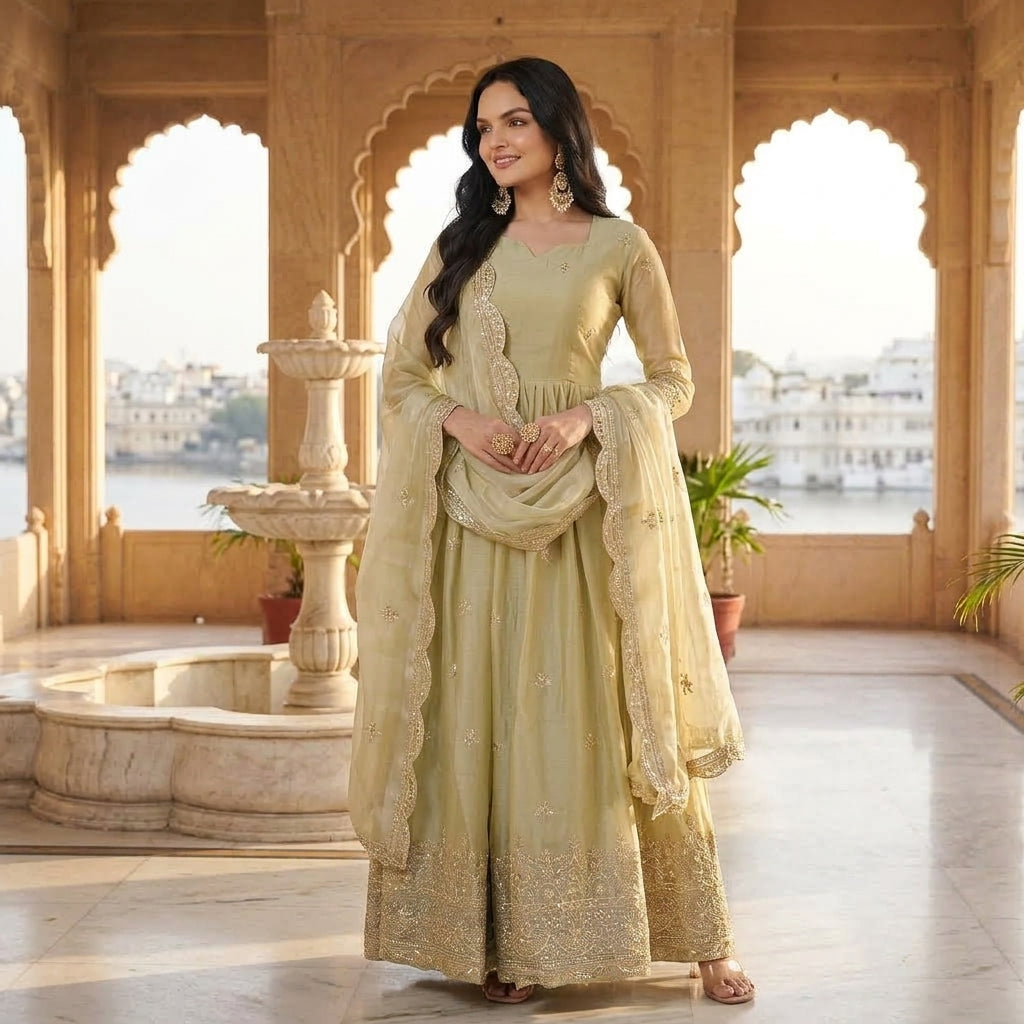 Women's Embroidered Fendy Silk Anarkali Gown Set FZ-PR-35