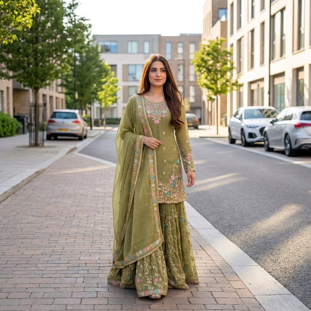 Women's JMC Silk Embroidered Anarkali Sharara Set FZ-PR-52