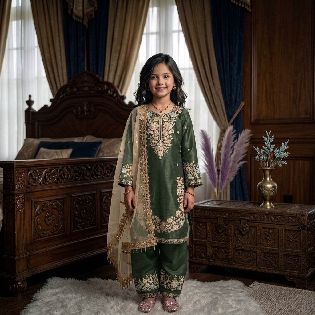 Girls’ Embroidered GMY Silk Salwar Kameez Set with Dupatta FZ-PR-09